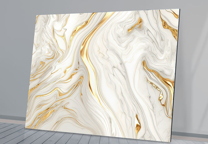 White & Gold Marble Glass Wall Art – Elegant Luxury Abstract Design