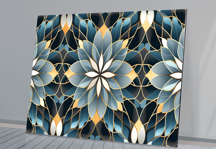Elegant Lotus Mandala Glass Wall Art – Blue Gold Sacred Geometry Pattern
