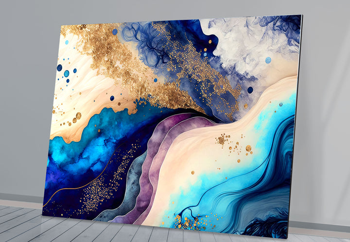 Elegant Blue & Gold Abstract Glass Wall Art – Luxury Modern Decor