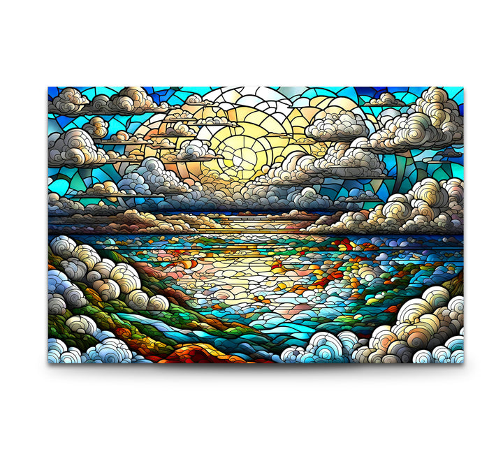 Serene Ocean Sunset Stained Glass Wall Art – Coastal Landscape Window Design