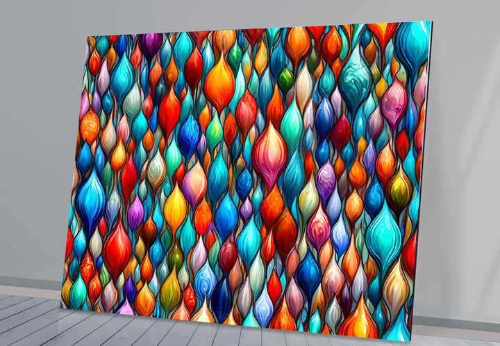 Lebendige abstrakte Glaswandkunst – Buntes Tropfendesign 
