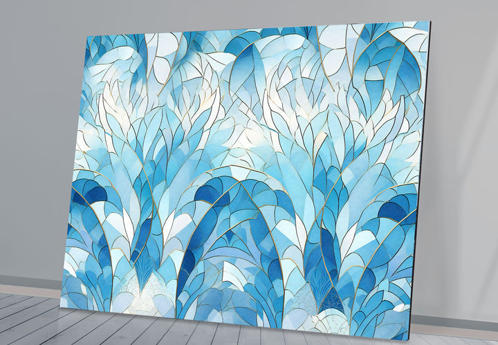 Ocean Leaf Stained Glass Wall Art – Blue Botanical Window Panel, Calming Nature Decor