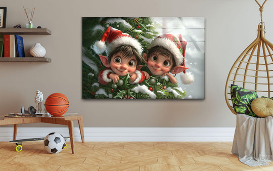 A captivating Noel Elf Christmas glass wall art decor showcases playful elves peeking from a festive tree.