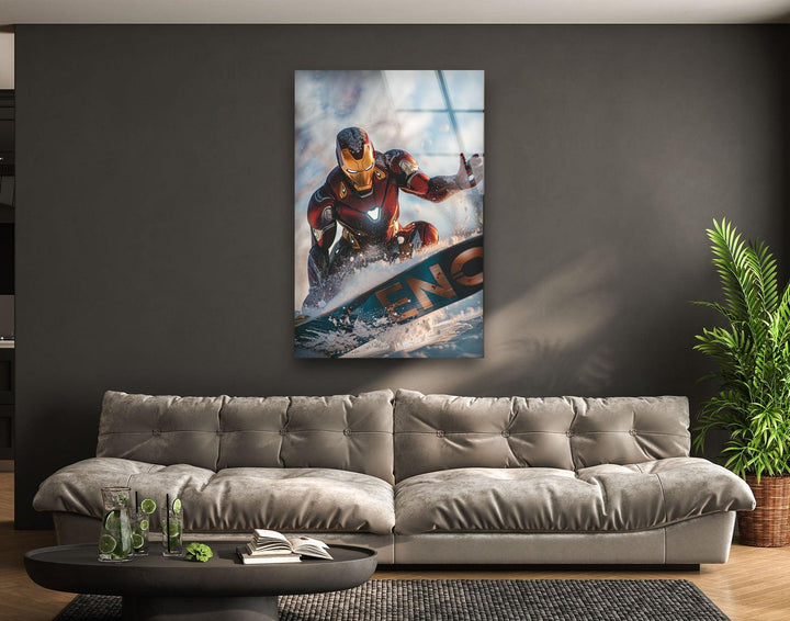 Marvel Iron Man Surfing Photo on Glass for Home Decor
