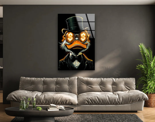 Vertical rectangular Dollar Glasses glass wall art presents a bold decorative wall art featuring a duck in a suit with dollar sign glasses.