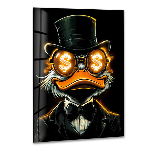 Wispy white feathers create a soft contrast against the sharp lines of the dollar glasses animated glass art in this iconic, wealth-themed glass art piece.