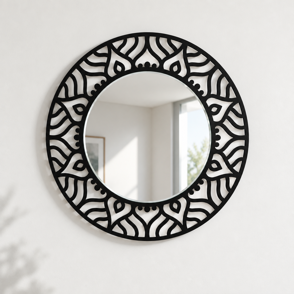 Abstract Pattern Round Floor Mirror – Modern Black Metal Statement Design