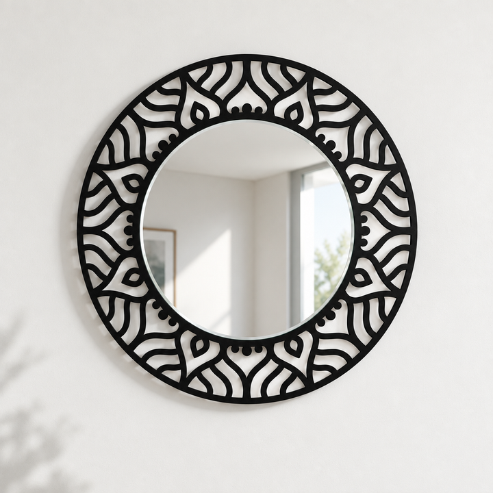 Abstract Pattern Round Floor Mirror – Modern Black Metal Statement Design