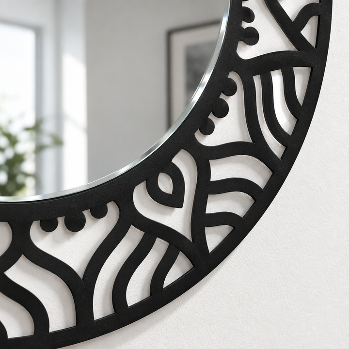 Abstract Pattern Round Floor Mirror – Modern Black Metal Statement Design