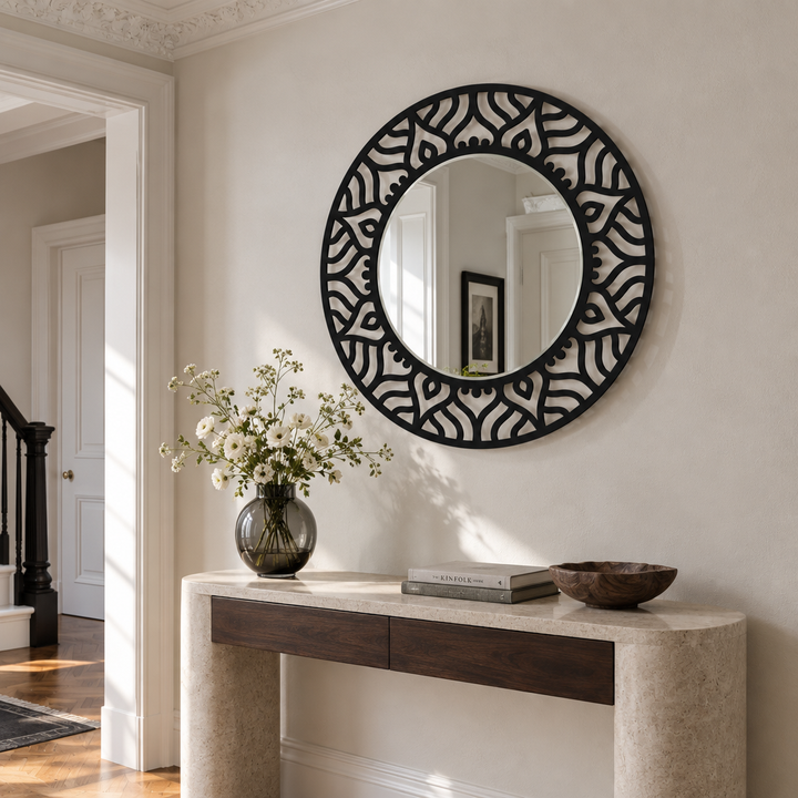 Abstract Pattern Round Floor Mirror – Modern Black Metal Statement Design