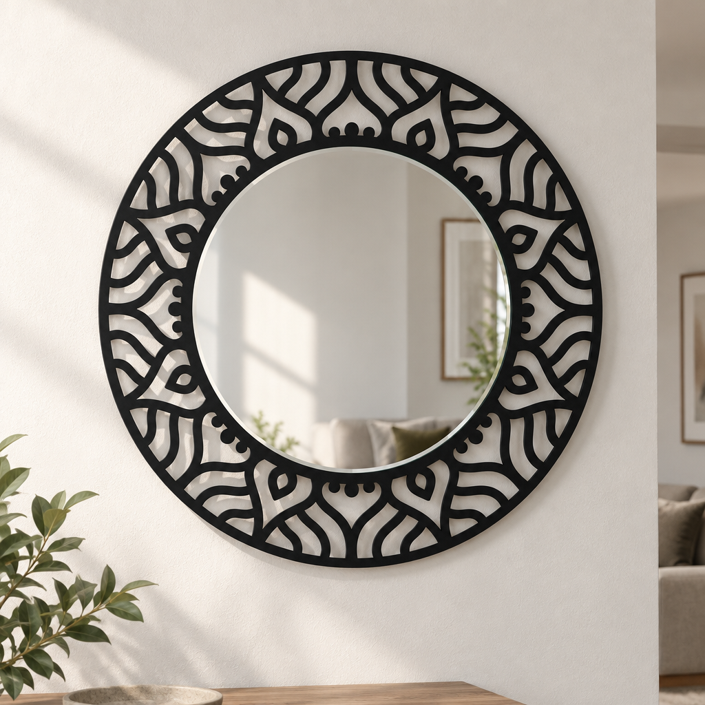 Abstract Pattern Round Floor Mirror – Modern Black Metal Statement Design