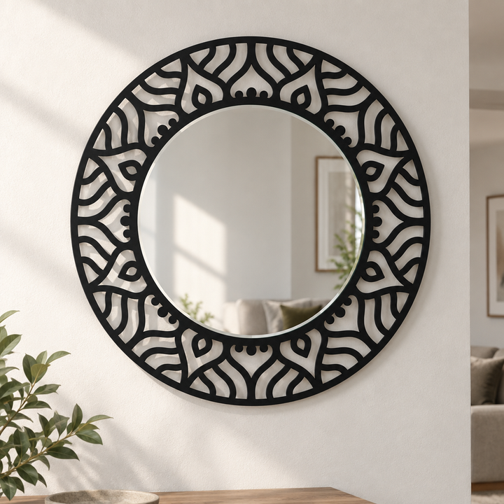 Abstract Pattern Round Floor Mirror – Modern Black Metal Statement Design