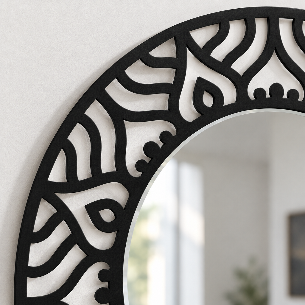 Abstract Pattern Round Floor Mirror – Modern Black Metal Statement Design