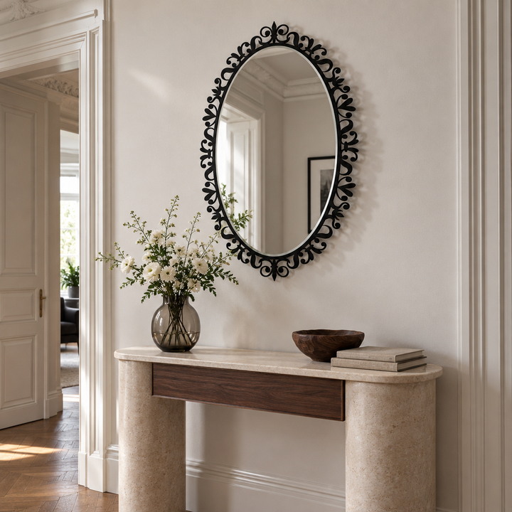 Ornate Floral Scrollwork Oval Floor Mirror