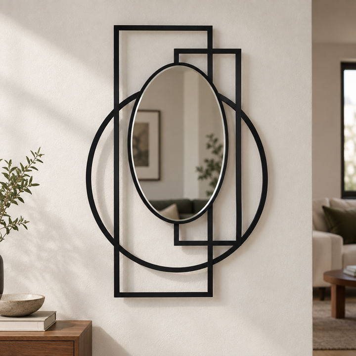 Anneaux entrecroisés + cadre ovale Miroir Mural–Déclaration de géométrie moderne
