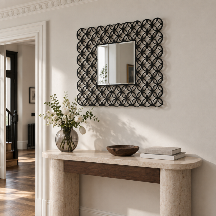 Interlocking Ring Pattern Square Floor Mirror with Decorative Frame