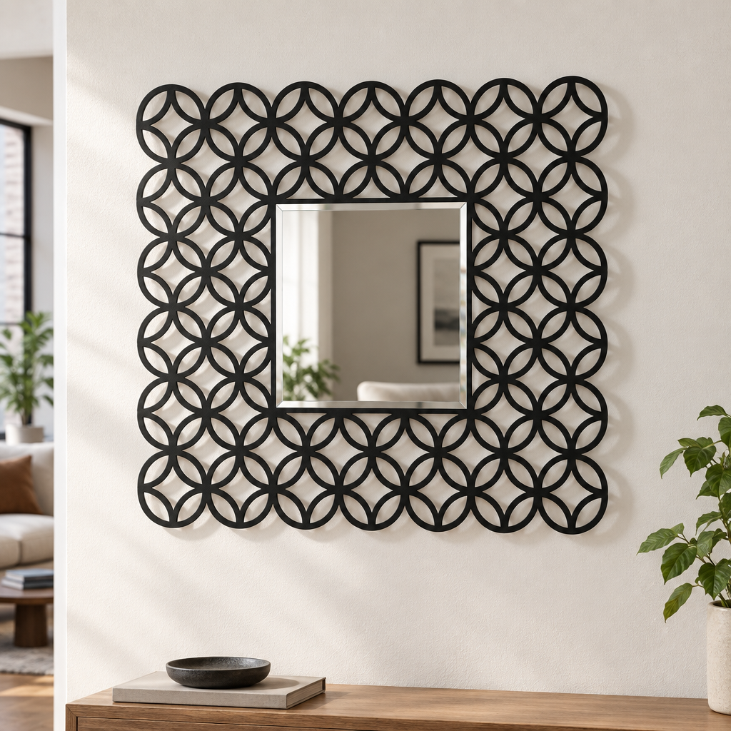 Interlocking Ring Pattern Square Floor Mirror with Decorative Frame