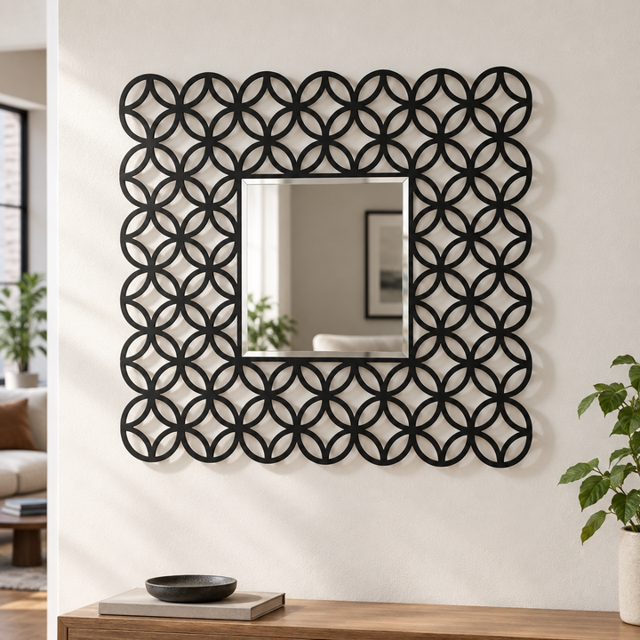 Interlocking Ring Pattern Square Floor Mirror with Decorative Frame