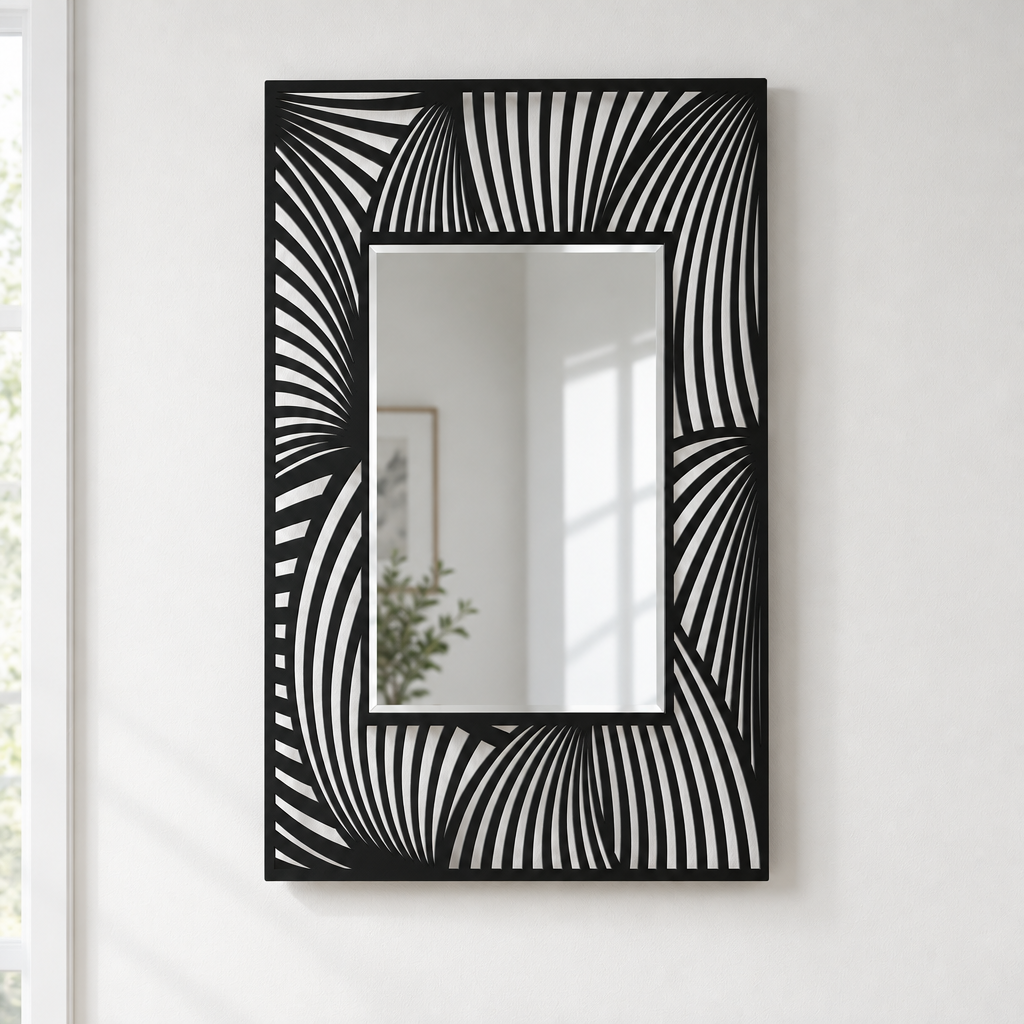 Flowing Wave Line Pattern Rectangular Floor Mirror with Modern Black Frame