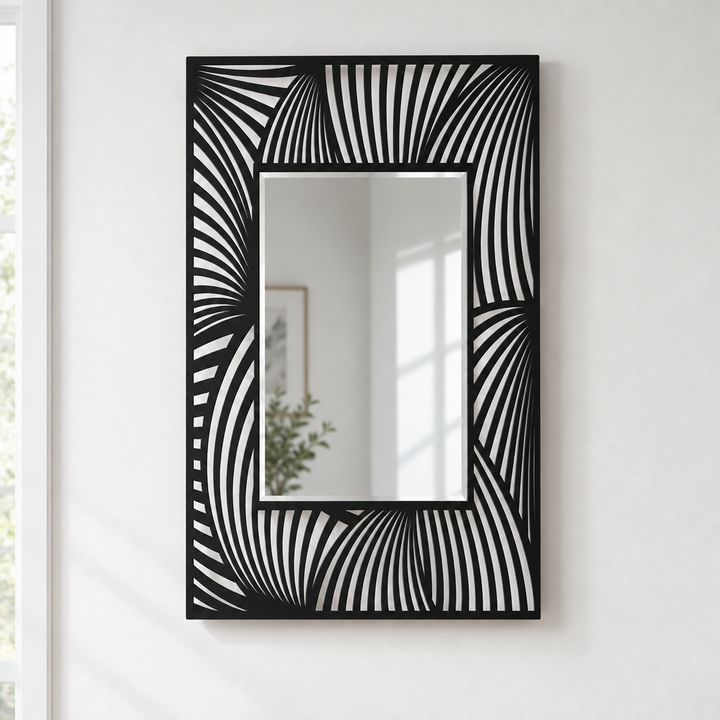 Flowing Wave Line Pattern Rectangular Floor Mirror with Modern Black Frame
