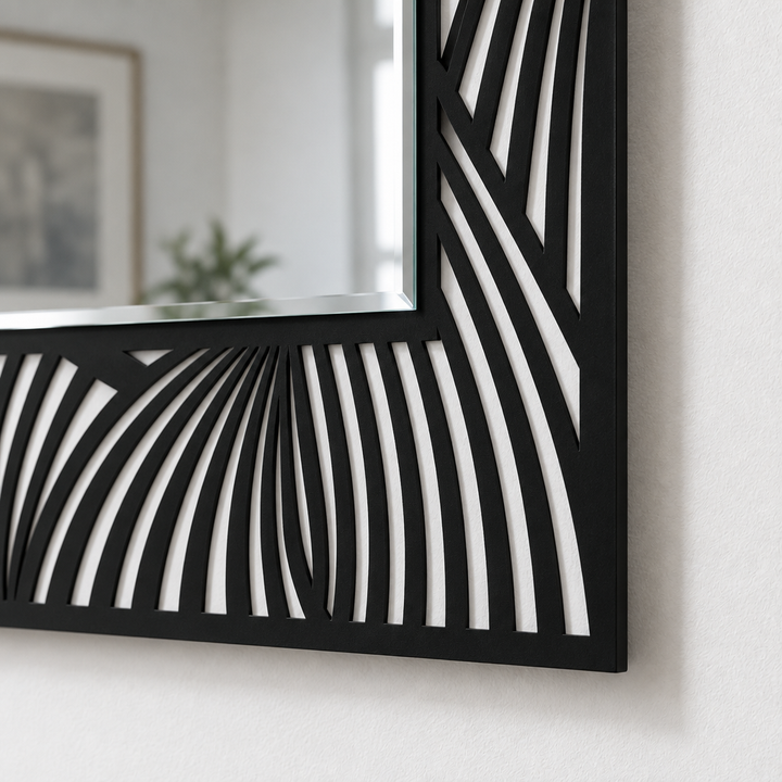 Flowing Wave Line Pattern Rectangular Floor Mirror with Modern Black Frame