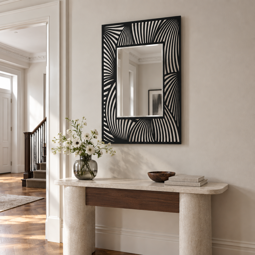 Flowing Wave Line Pattern Rectangular Floor Mirror with Modern Black Frame