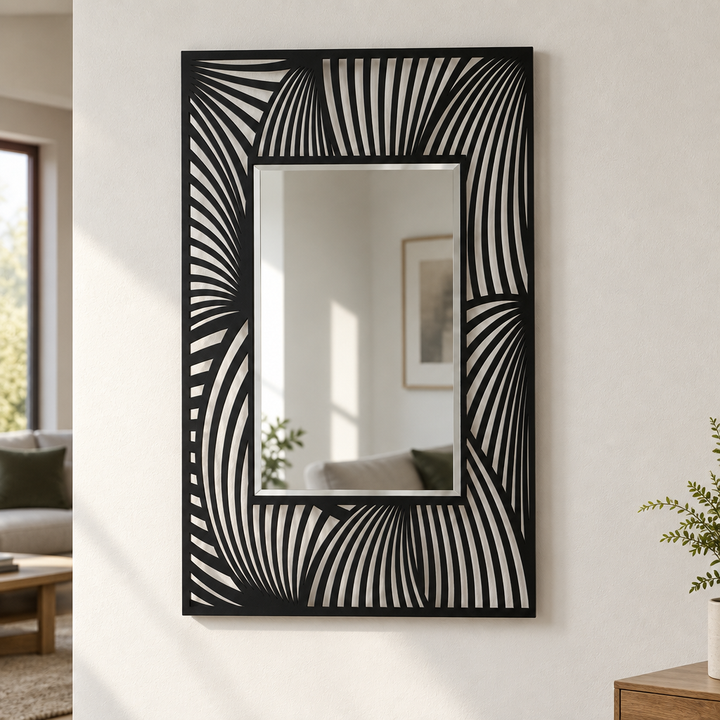 Flowing Wave Line Pattern Rectangular Floor Mirror with Modern Black Frame