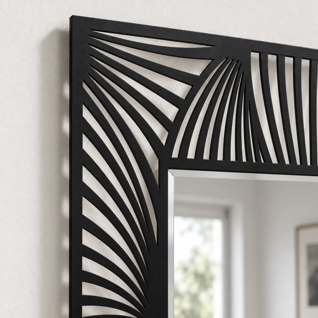 Flowing Wave Line Pattern Rectangular Floor Mirror with Modern Black Frame