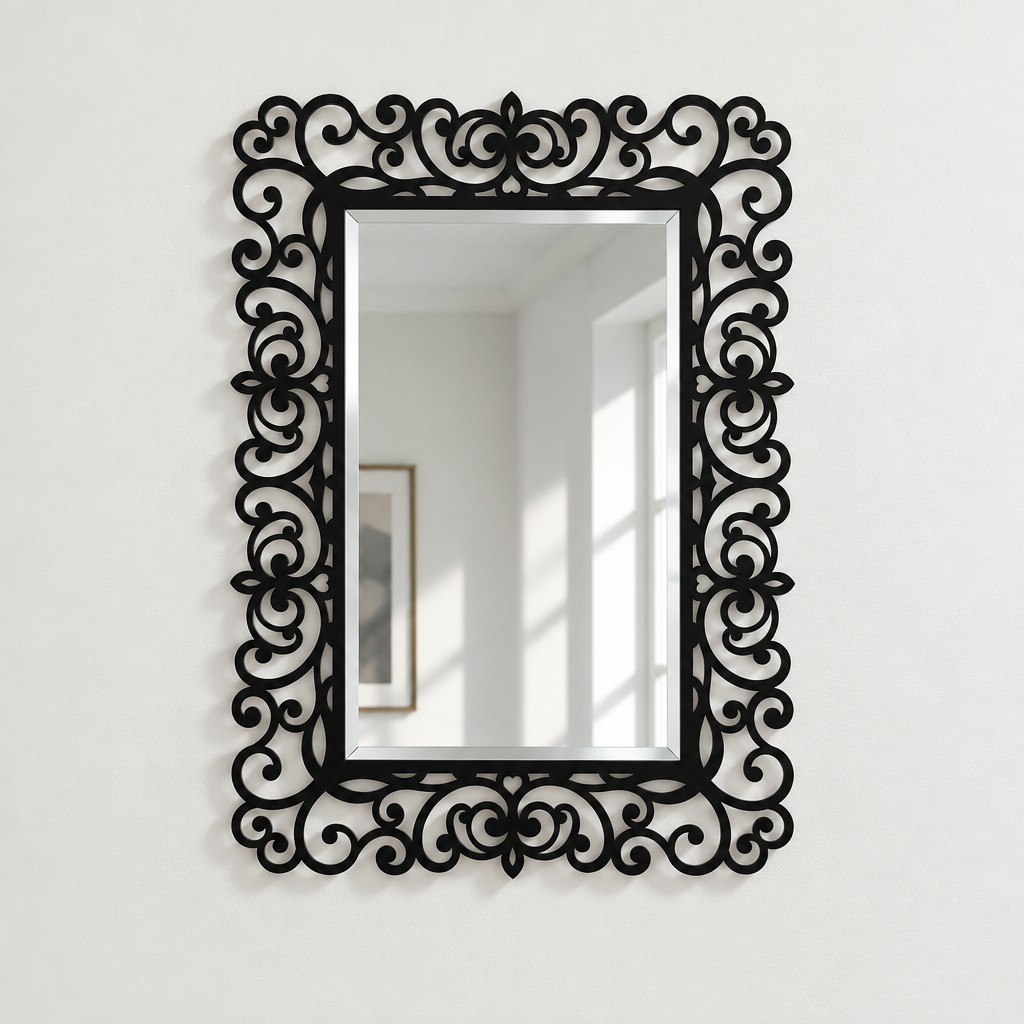 Elegant Baroque Scroll Rectangular Floor Mirror with Ornamental Black Frame