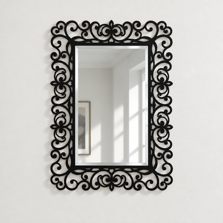 Elegant Baroque Scroll Rectangular Floor Mirror with Ornamental Black Frame