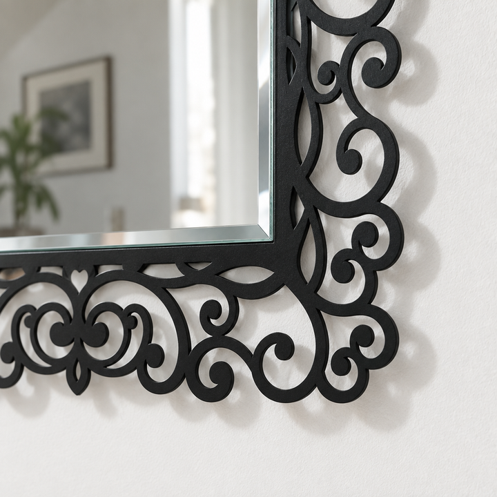Elegant Baroque Scroll Rectangular Floor Mirror with Ornamental Black Frame