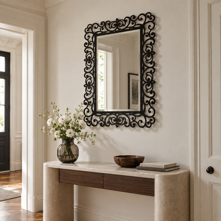 Elegant Baroque Scroll Rectangular Floor Mirror with Ornamental Black Frame