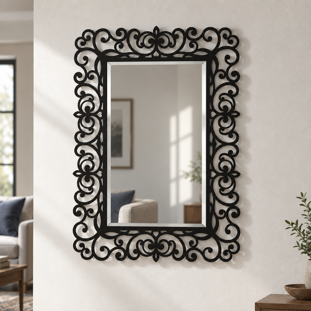 Elegant Baroque Scroll Rectangular Floor Mirror with Ornamental Black Frame