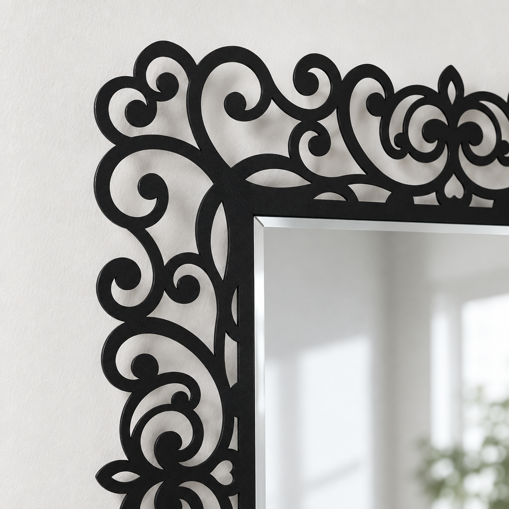 Elegant Baroque Scroll Rectangular Floor Mirror with Ornamental Black Frame