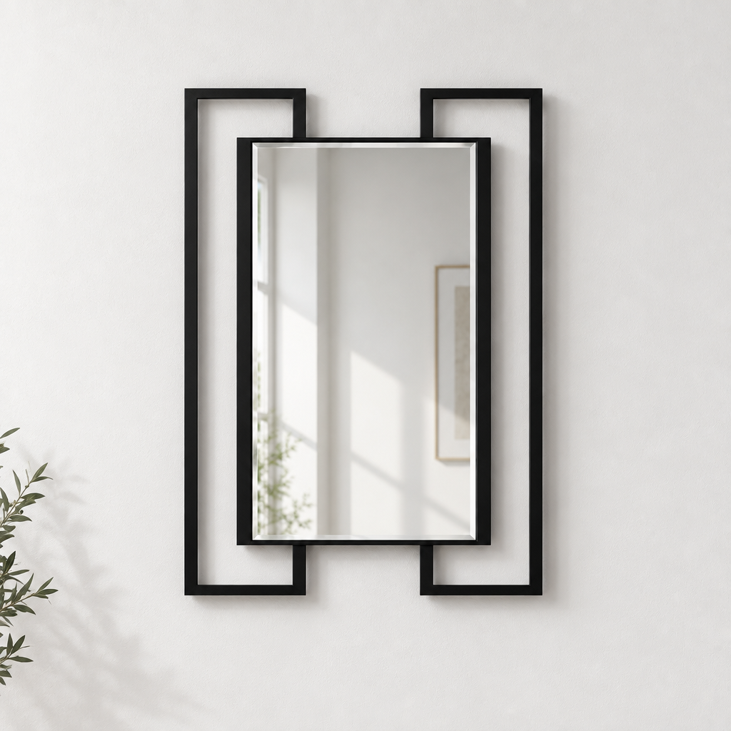هندسة الإطار المزدوج فن جداري معدني مرآة – تصميم مستطيل أسود عصري