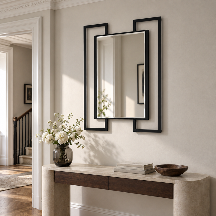هندسة الإطار المزدوج فن جداري معدني مرآة – تصميم مستطيل أسود عصري