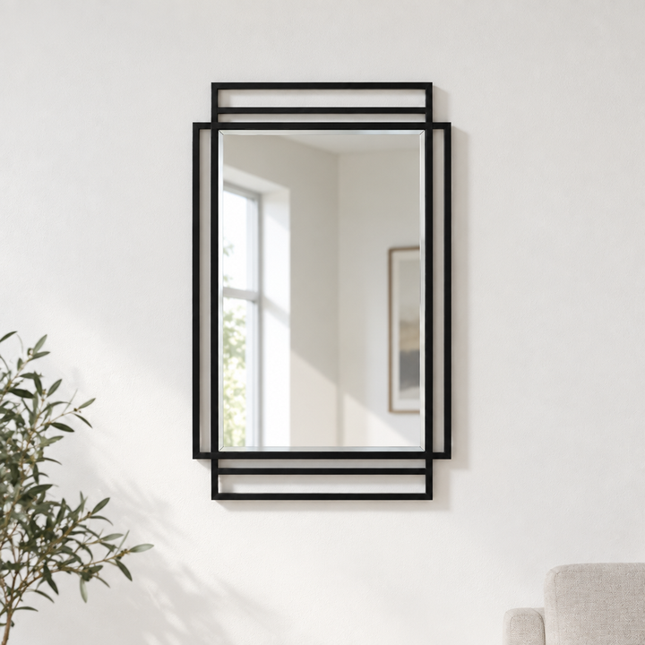 Geometric Layered Frame Rectangular Floor Mirror with Minimal Black Lines