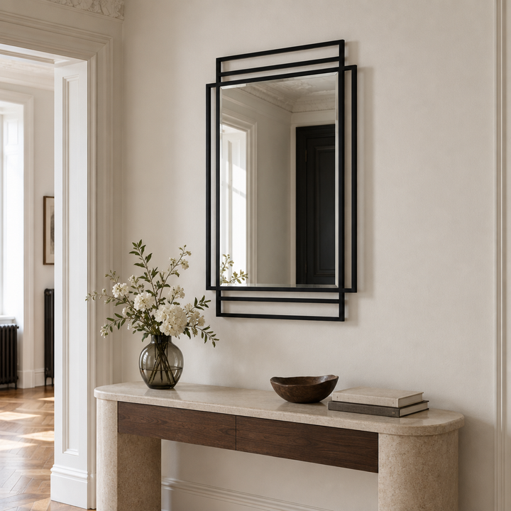 Geometric Layered Frame Rectangular Floor Mirror with Minimal Black Lines