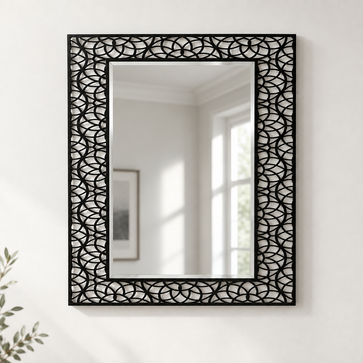 Interlocking Arc Pattern Frame Floor Mirror with Modern Black Metal Design