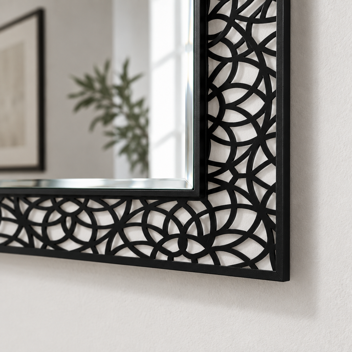 Interlocking Arc Pattern Frame Floor Mirror with Modern Black Metal Design