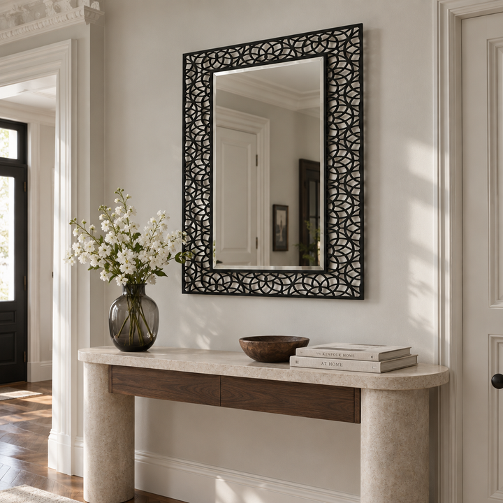 Interlocking Arc Pattern Frame Floor Mirror with Modern Black Metal Design