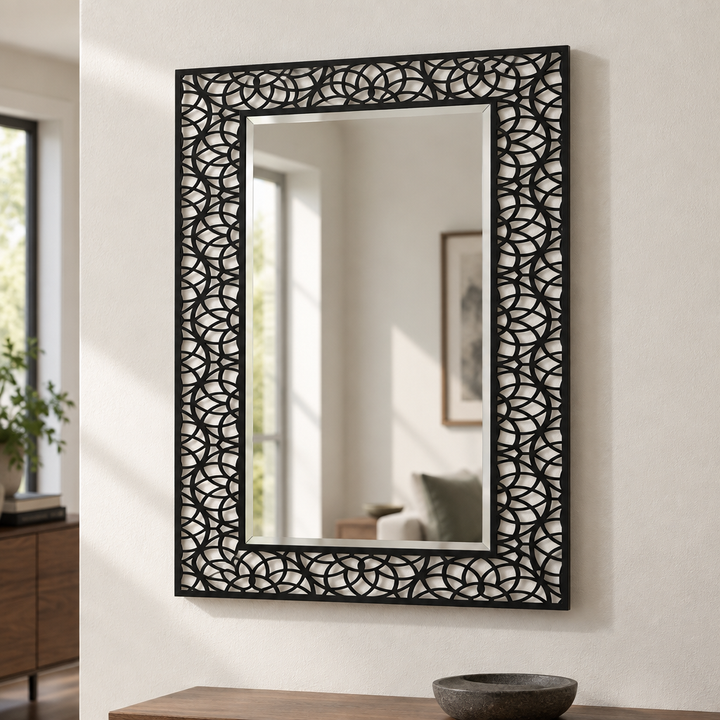 Interlocking Arc Pattern Frame Floor Mirror with Modern Black Metal Design