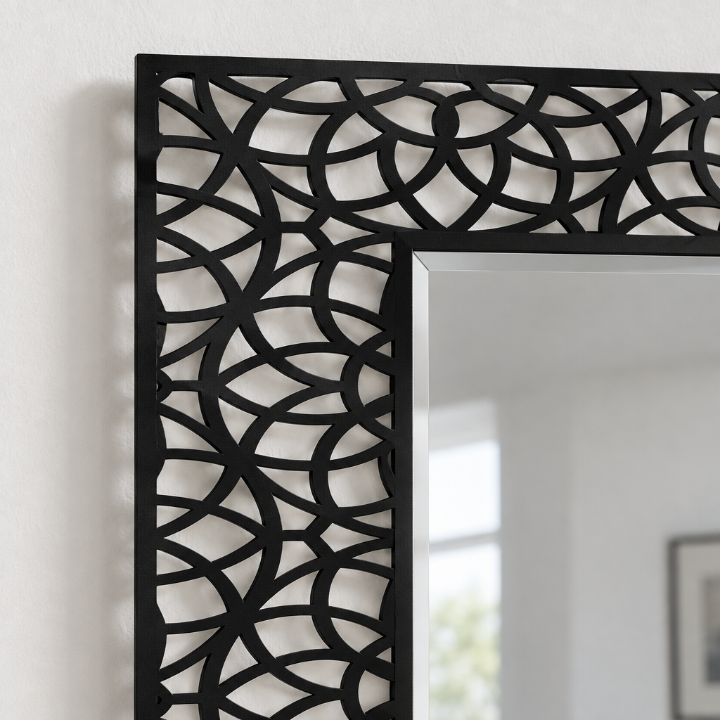 Interlocking Arc Pattern Frame Floor Mirror with Modern Black Metal Design