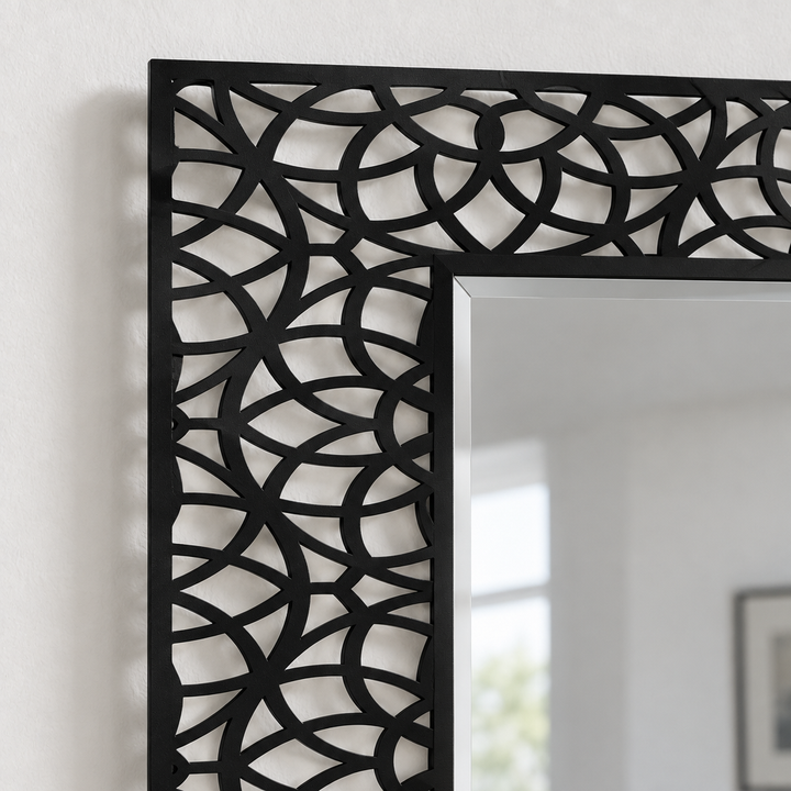 Interlocking Arc Pattern Frame Floor Mirror with Modern Black Metal Design