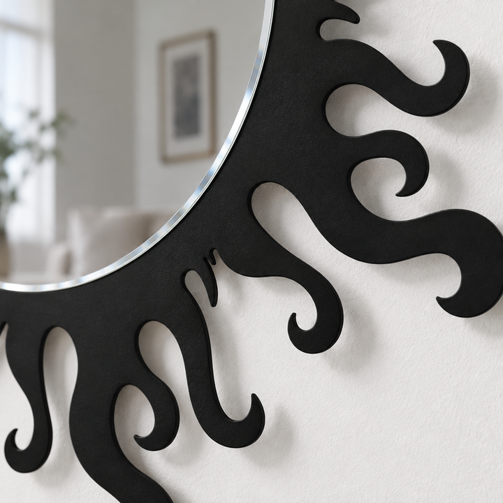 Borde de llama redondo decorativo Espejo De Pared – Decoración de pared con espejo asimétrico moderno