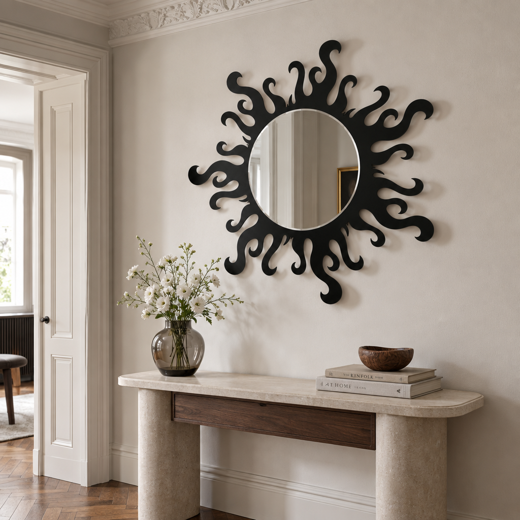 Borde de llama redondo decorativo Espejo De Pared – Decoración de pared con espejo asimétrico moderno