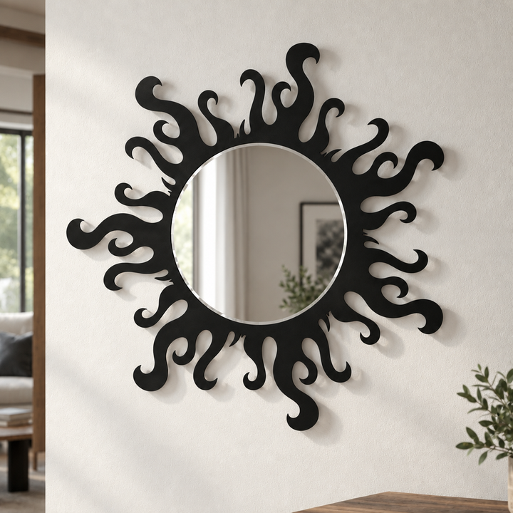 Borde de llama redondo decorativo Espejo De Pared – Decoración de pared con espejo asimétrico moderno