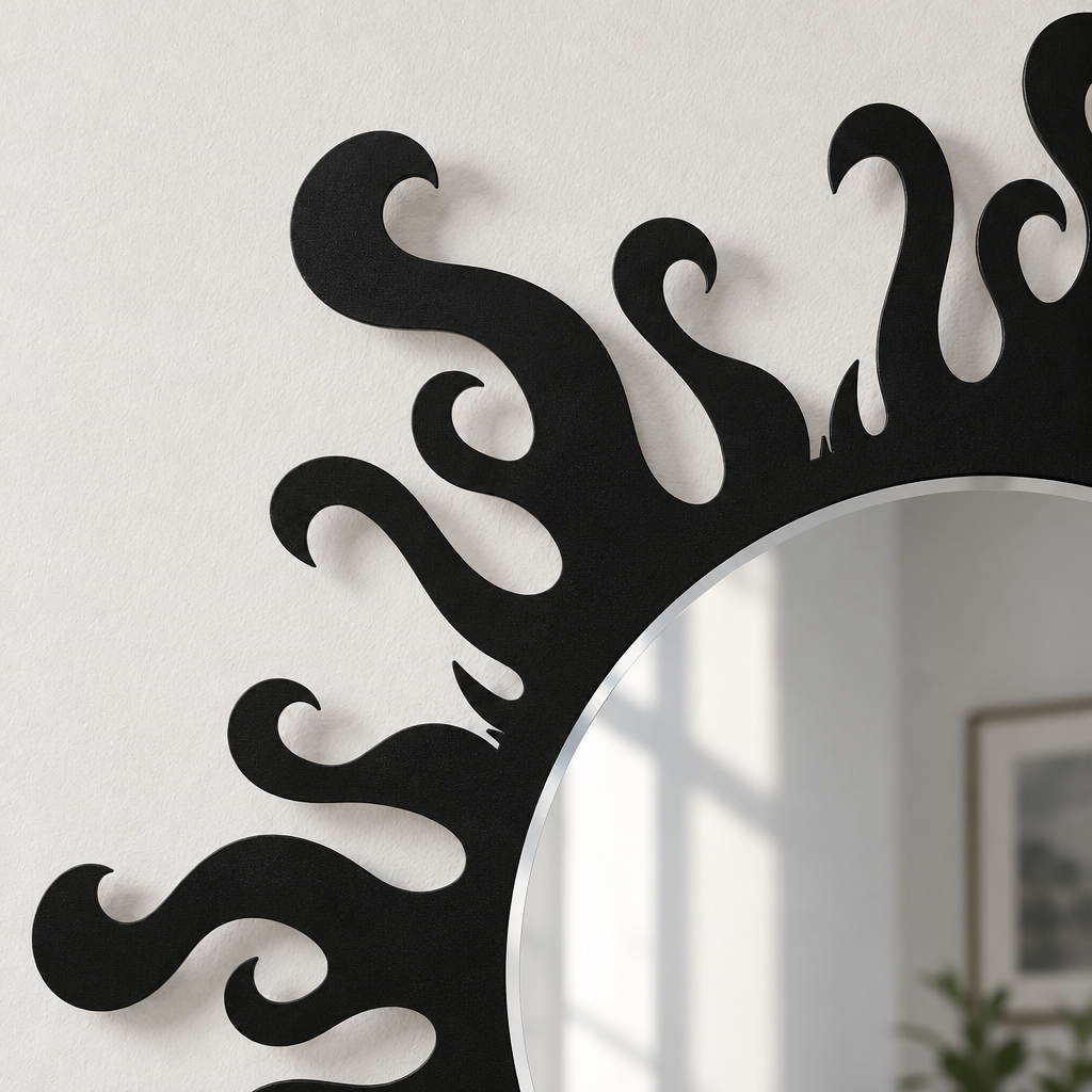 Borde de llama redondo decorativo Espejo De Pared – Decoración de pared con espejo asimétrico moderno