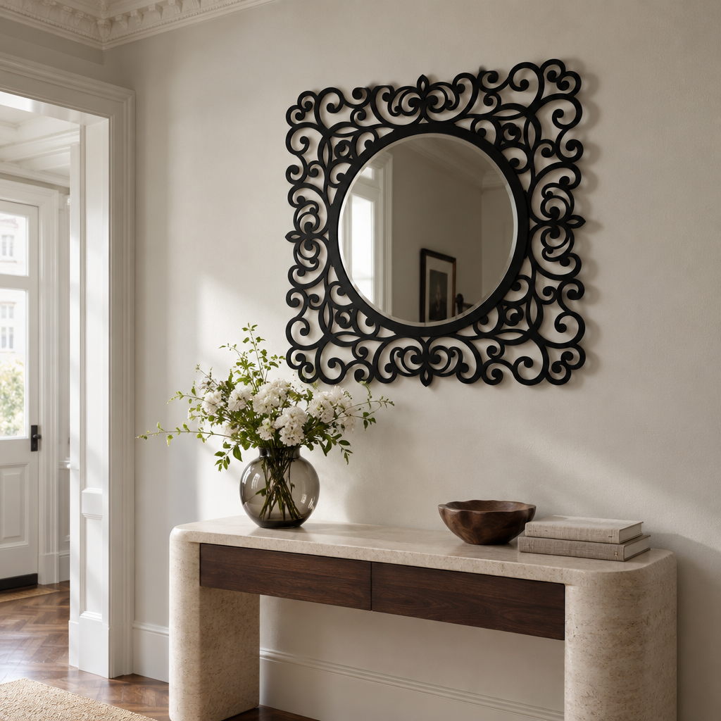 Llave griega redonda decorativa Espejo De Pared – Decoración de pared con espejo clásico moderno
