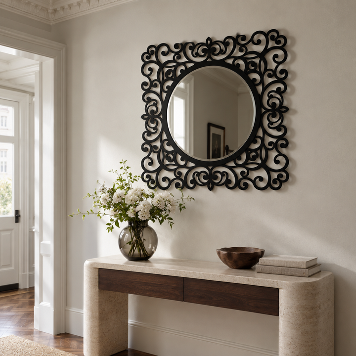 Llave griega redonda decorativa Espejo De Pared – Decoración de pared con espejo clásico moderno
